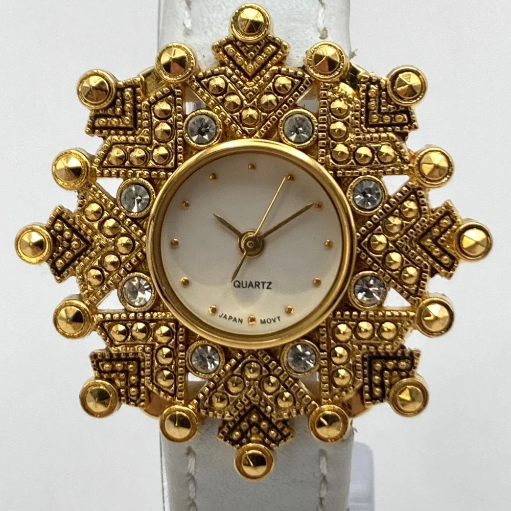 Avon Women's Watch Gold Tone Crystals Bling 35mm White Leather New Battery 7.75